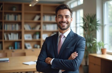Fototapeta premium Portrait of caucasian man wearing formal suit smiling in modern office. Businessman, manager standing arms crossed. Successful confident ceo, male boss with positive attitude. Career, pro