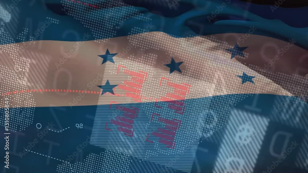 Poster honduran flag waving with digital data and binary code overlay animation