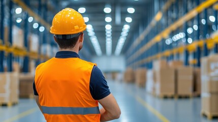 warehouse worker wearing safety vest and helmet observes organized shelves and boxes in large, well lit warehouse