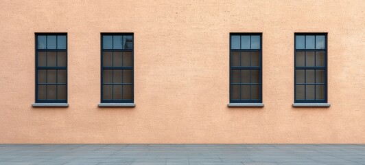 Fototapeta premium Four symmetrical windows with dark frames on peach colored stucco wall, creating minimalist urban aesthetic