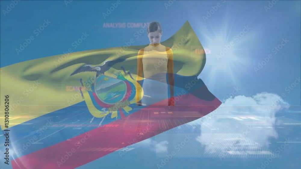 Poster ecuadorian flag waving over digital analysis and scanning animation with person