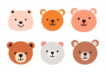 Colorful Bear Faces in Row  Set of Six Different Colors with Round Heads, Small Noses, and Ears
