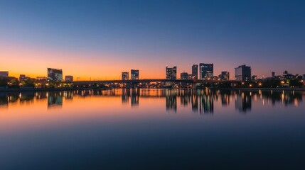 Fototapeta premium Cityscape reflects in calm water under a beautiful evening sky
