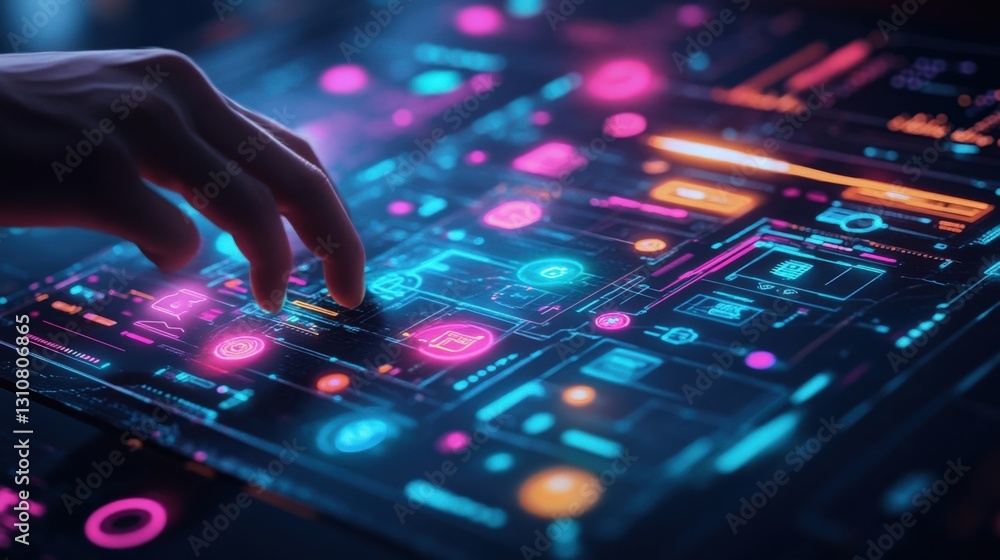 Poster a medium closeup of the innovators hands gesturing over the colossal digital display showcasing a se