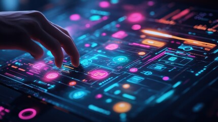 Obraz premium A medium closeup of the innovators hands gesturing over the colossal digital display showcasing a seamless transition between app features. The screen glows with colorful icons and