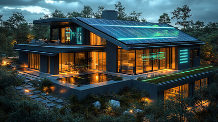 Obraz premium Eco-friendly smart house with solar energy integration.