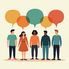 Diverse group of people under dialog speech bubbles. Socialize concept. Communicate, connect, engage with social media community. Chatting, talking, conversation metaphor. Negotiate different