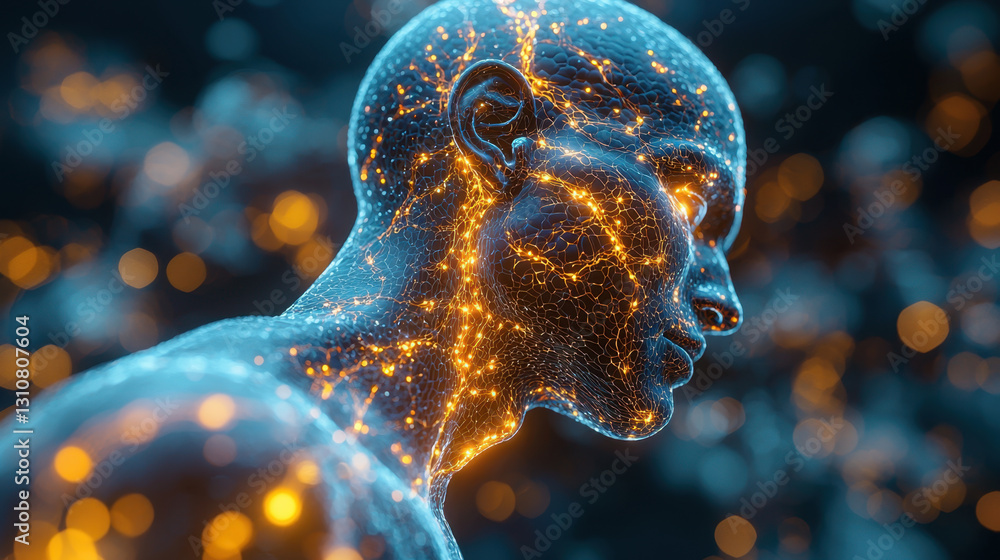 Poster digital illustration of human figure with glowing neural networks, showcasing complexity of nervous 