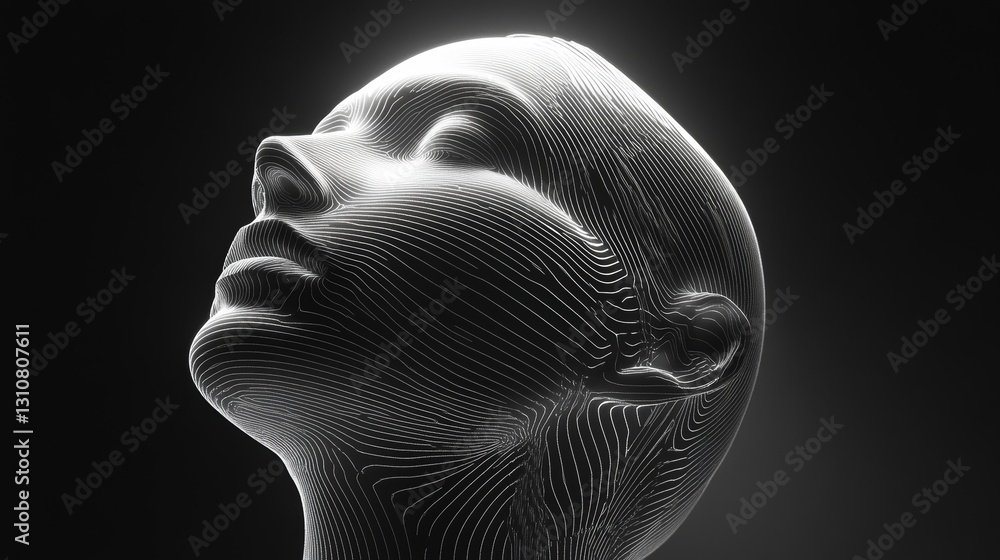 Poster abstract 3d model of human head with flowing lines in dark background