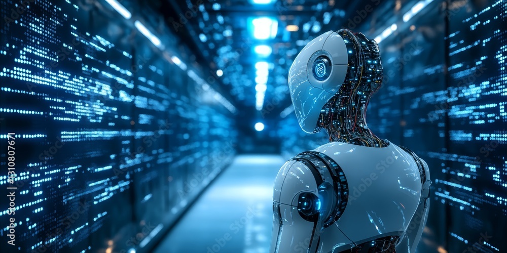 Poster futuristic robot in high-tech environment with neon lights