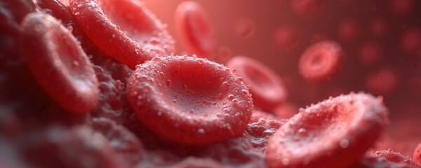 Macro view shows red blood cells in vein. Blood vessel with erythrocytes flowing. Plasma, human anatomy. Organic life. Medical research, healthcare, science, microbiology, genetic study. Anti virus