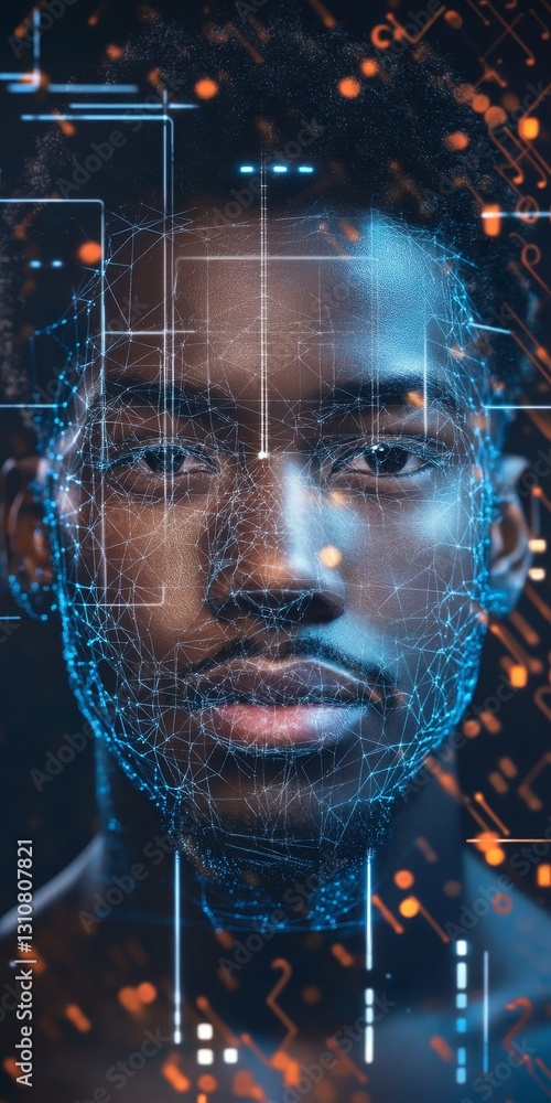 Aufkleber futuristic portrait of man with digital data patterns and technology effects