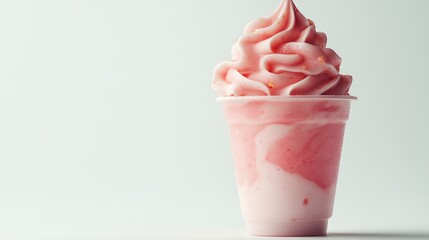 Coral pink soft cream with a smooth finish, served in a clear plastic cup on white