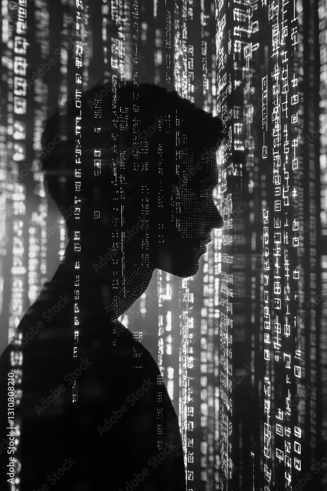 Poster human silhouette against binary code in dark environment