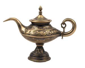 Ornate Antique Brass Genie Lamp with Intricate Engravings On Transparent Background Generative Ai