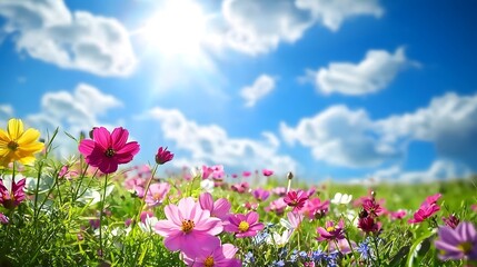 Colorful field of wildflowers basks under a bright blue sky