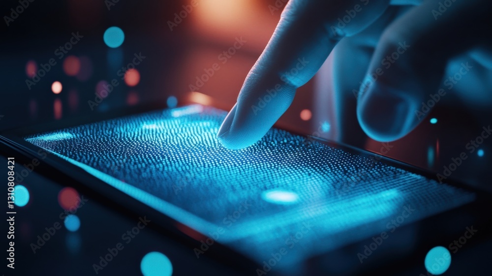 Poster finger interacting with glowing digital data on smartphone screen, representing concepts like big da