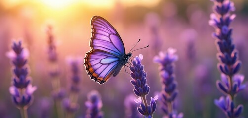 Butterfly rests on purple lavender flower in field at sunset. Beautiful nature landscape with wildflower at outdoor meadow. Colorful natural floral blossom, violet spring background, relaxation