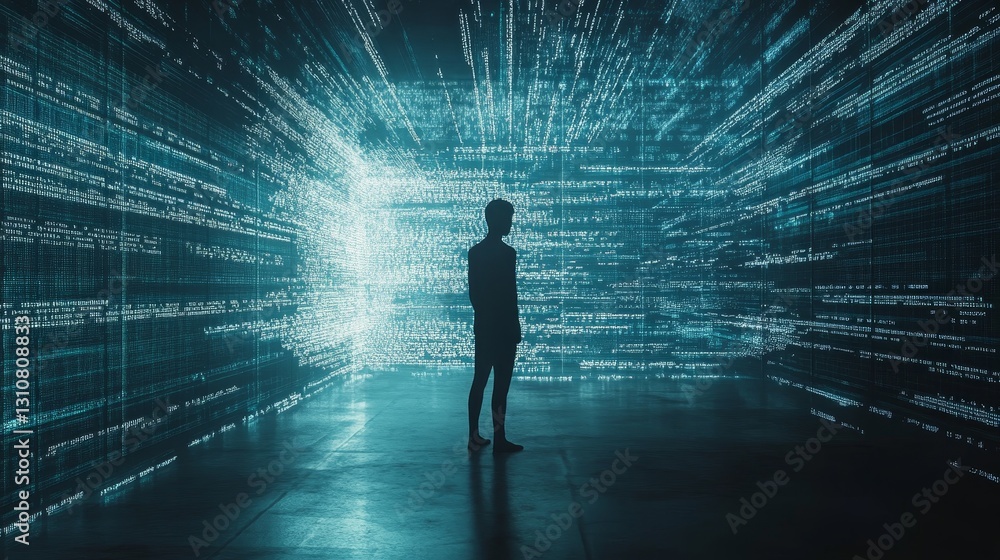 Poster silhouette of a person in front of digital data flow background