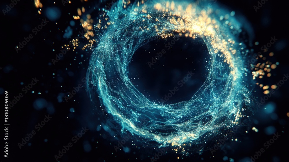 Poster golden and blue particles are rotating and forming a circle in the dark space, creating a futuristic