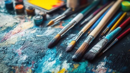 Obraz premium Creative workspace filled with scattered brushes, pencils, and digital tablets showcases artistic expression and inspiration