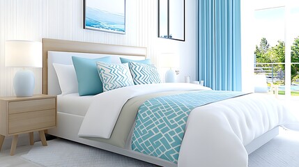 Serene Blue and White Bedroom Interior Design with Modern Bed and Decor