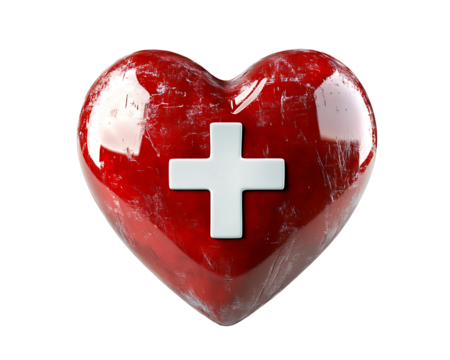 Worn Red Heart with Medical Cross Symbol On Transparent Background Generative Ai