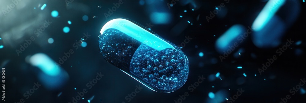 Poster glowing capsules in dark environment creating a futuristic medical aesthetic with soft blue illumina