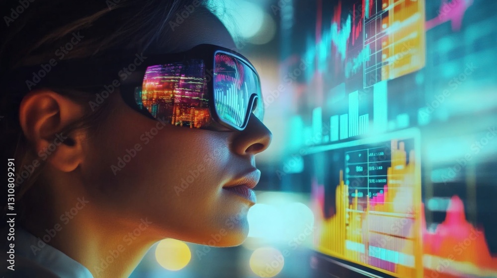 Poster a focused individual wearing advanced vr goggles surrounded by floating holographic charts and stati