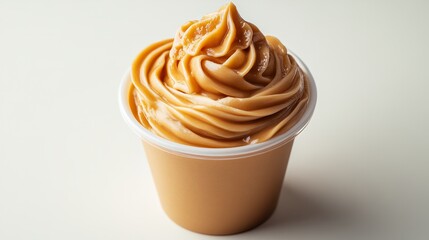 Light caramel-colored soft cream, presented in a plastic cup against a white background 