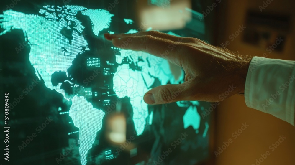 Poster businessman interacting with futuristic glowing holographic interface displaying world map with data
