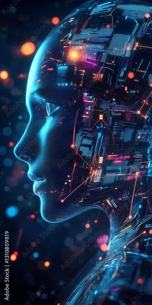 Poster profile of a human-like digital being with glowing circuit patterns and neon lights