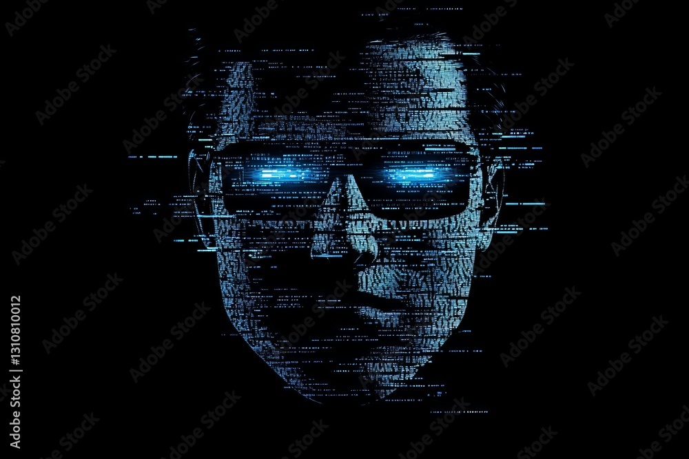 Poster futuristic concept of man with binary code and cybernetic vision
