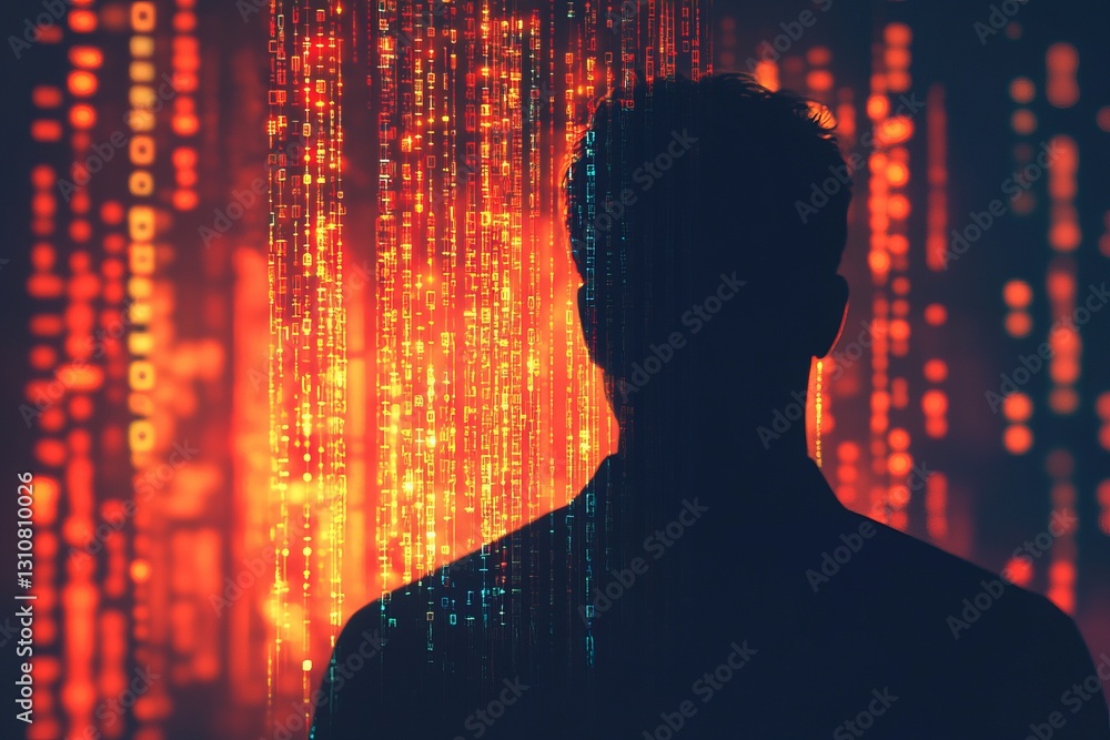 Poster abstract digital background with silhouette and glowing data matrix