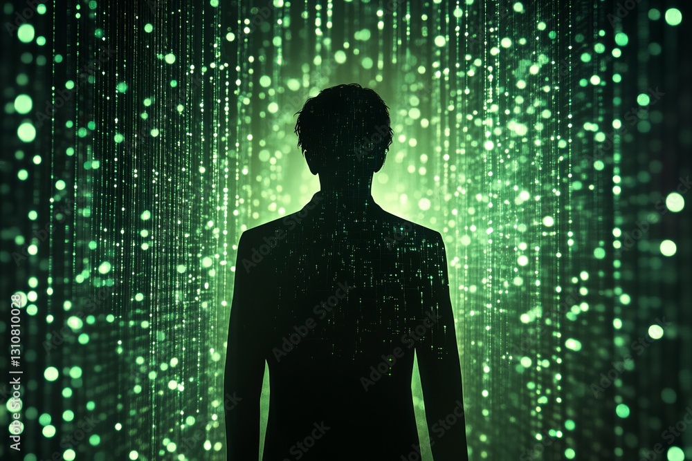 Poster mysterious silhouette in green light and abstract code background
