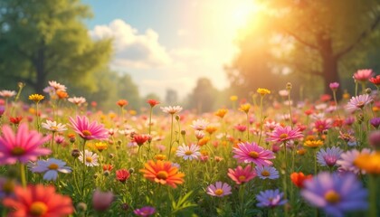 Obraz premium Explosion of natural colors in field full bloom. Floral meadow covered with daisies, tulips, marigolds. Beautiful nature background with clear sky, green grass, sunlight. Colorful flower garden,