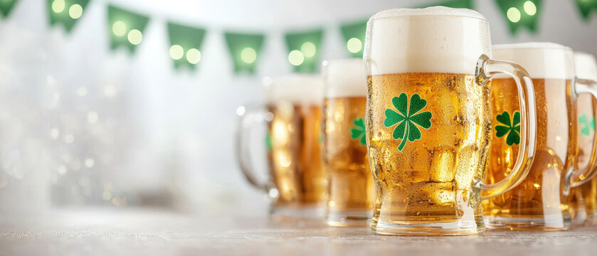 St. Patricks Day Party Festive Decorations Lights, Frosty beer mugs with clover design in festive setting