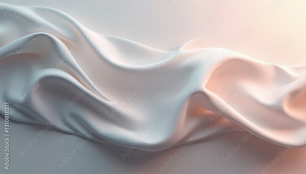 Poster Smooth white fabric with wavy pattern, light color gradient, wavy folds and soft texture. Silky, shiny drapery background for fashion design and elegant textile, clothes, wallpaper.