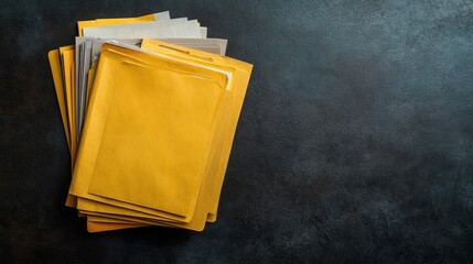 Stack of yellow and gray files on dark background. Illustrates archiving, organization, or paperwork concepts.