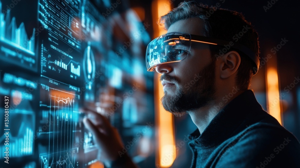 Poster businessman wearing augmented reality glasses is analyzing and interacting with data displayed on a 