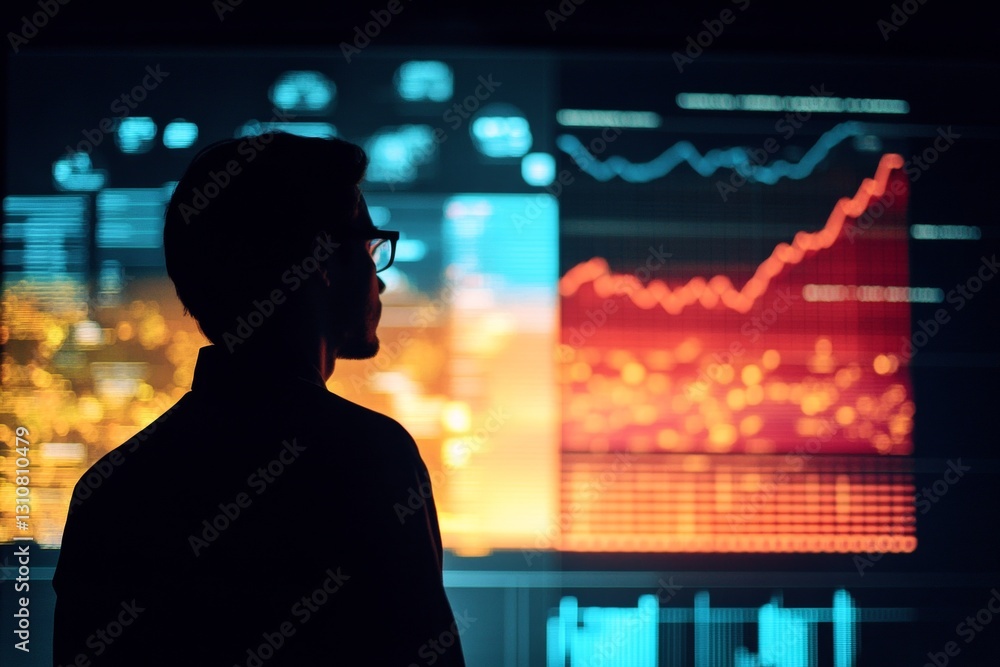 Poster silhouette of a professional analyzing colorful data visualizations on large screen display