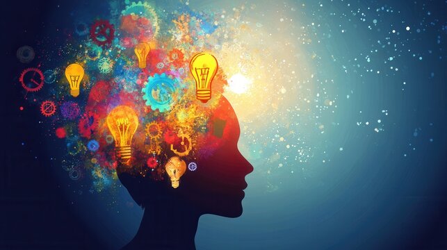 Creative concepts emerge from the silhouette of a human head showcasing futuristic symbols and vibrant colors