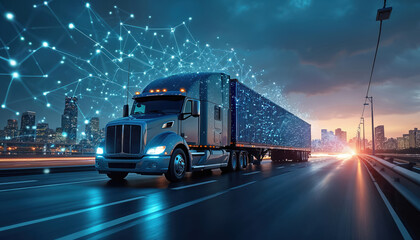 Truck with container drives road with night cityscape. Digital networking and smart transportation of truck container cargo. Logistic import export and industry business, commercial concept.