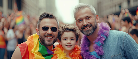 Joyful family celebration at an LGBTQ pride parade in a vibrant city, showcasing love and unity among diverse participants
