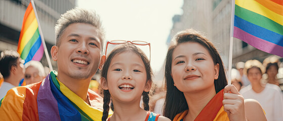 Fototapeta premium Joyful celebration at a pride parade with a family displaying rainbow flags in the city