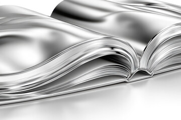 A shiny, metallic book lies open on a reflective surface, showcasing its smooth, curved pages and contemporary design.