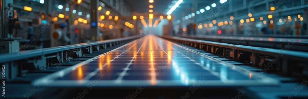 Poster photo high-tech automated factory production line with solar panels. bright lights, advanced machine