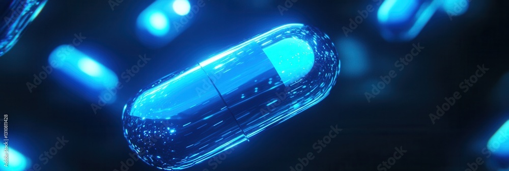 Poster glowing blue capsules floating in a dark, futuristic medical environment with a soft, cinematic glow