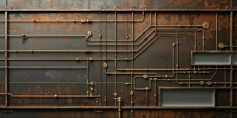Dark steampunk background with intricate pipes, valves, rust, and gauges, industrial aesthetic