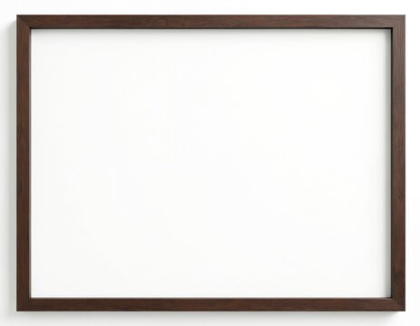 Dark brown wooden picture frame isolated on white background. Blank template with empty space. Wood grain texture for photo, artwork, poster mockups in interior design.